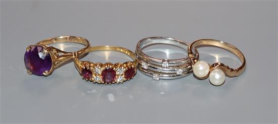 A Victorian style 18ct gold, ruby and diamond ring, a modern 18ct white gold and diamond ring and two 9ct gold rings.